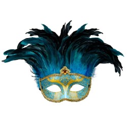DEMI-MASQUE VENITIEN BLEU ET OR AVEC PLUMES BLEU NUIT
