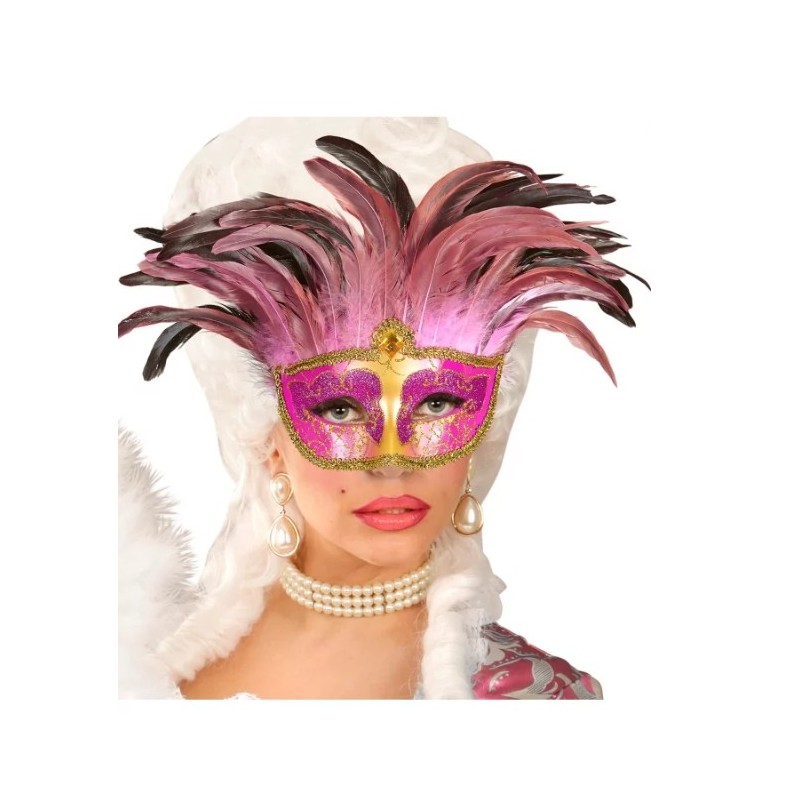 DEMI-MASQUE VENITIEN ROSE ET OR AVEC PLUMES ROSES