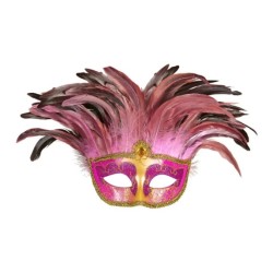 DEMI-MASQUE VENITIEN ROSE ET OR AVEC PLUMES ROSES