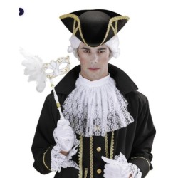 DEMI-MASQUE FACE A MAIN BLANC ET OR VENITIEN AVEC PLUMES BLANCHES SUR LE COTE