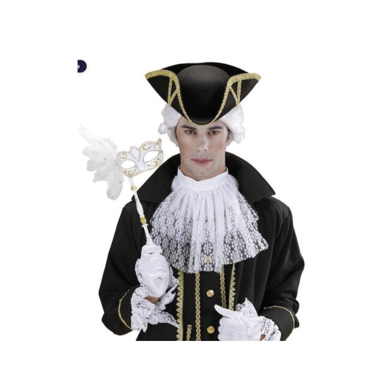 DEMI-MASQUE FACE A MAIN BLANC ET OR VENITIEN AVEC PLUMES BLANCHES SUR LE COTE