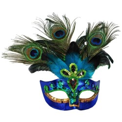 DEMI MASQUE OU LOUP BLEU A SEQUINS AVEC PLUMES DE PAON