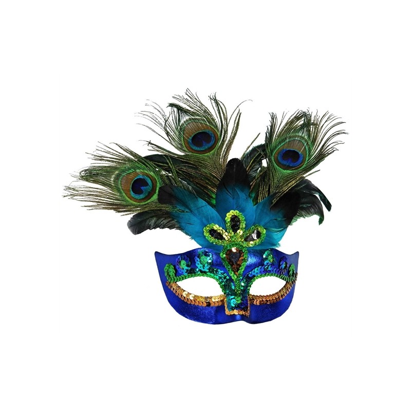 DEMI MASQUE OU LOUP BLEU A SEQUINS AVEC PLUMES DE PAON