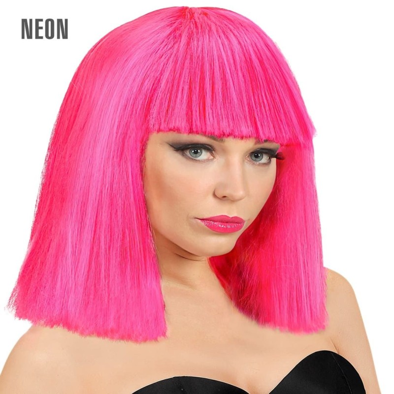 PERRUQUE SHOW GIRL CRAZY CARRE DROIT AVEC FRANGE ROSE FLUO