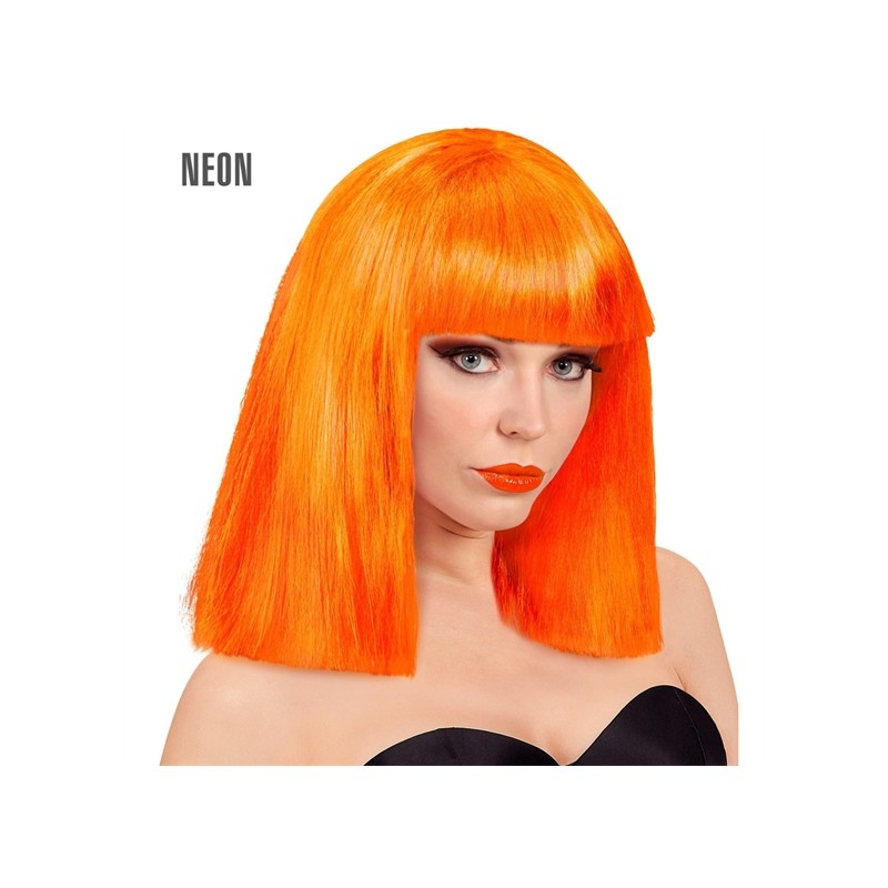 PERRUQUE SHOW GIRL CRAZY CARRE DROIT AVEC FRANGE ORANGE FLUO
