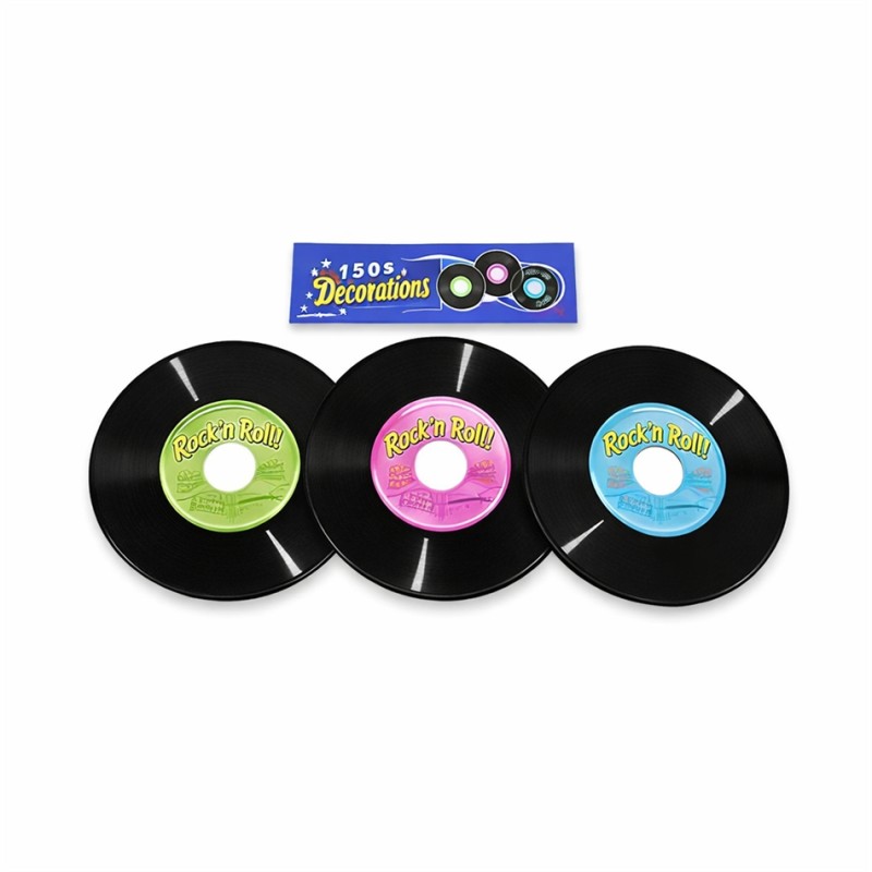 3 DECORS DISQUES VINYLS PLASTIQUE 23 CM IMPRIMES 2 FACES