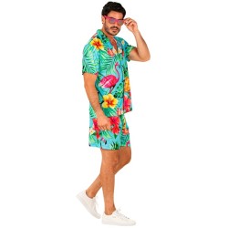CHEMISE HAWAIENNE + SHORT FLEURS TROPICALES FLAMANT ROSE FOND BLEU TAILLE XXL