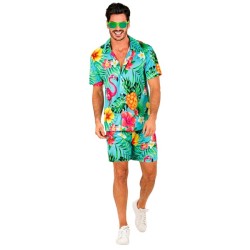 CHEMISE HAWAIENNE + SHORT FLEURS TROPICALES FLAMANT ROSE FOND BLEU TAILLE L-XL