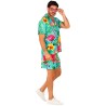 CHEMISE HAWAIENNE + SHORT FLEURS TROPICALES FLAMANT ROSE FOND BLEU TAILLE L-XL
