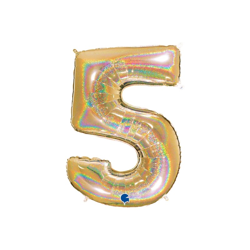 BALLON METALLIQUE CHIFFRE 5 OR HOLOGRAPHIQUE GLITTER 102 CM