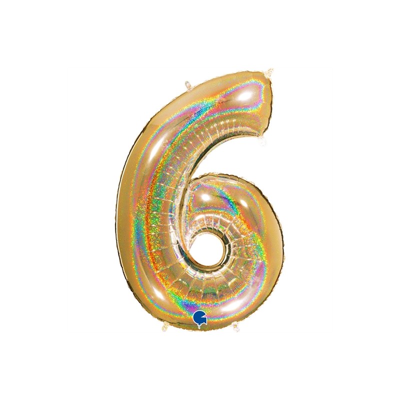 BALLON METALLIQUE CHIFFRE 6 OR HOLOGRAPHIQUE GLITTER 102 CM