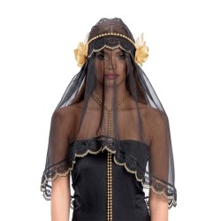 VOILE NOIR ORIENTAL AVEC FLEURS DOREES