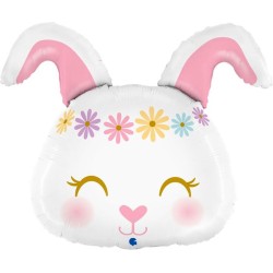 BALLON METALLIQUE TETE DE LAPIN HIPPIE COURONNE DE FLEURS 64 CM 