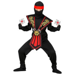 DEGUISEMENT ENFANT NINJA NOIR ET ROUGE AVEC ARMES SAI ET ETOILES TAILLE 140