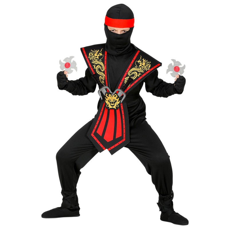DEGUISEMENT ENFANT NINJA NOIR ET ROUGE AVEC ARMES SAI ET ETOILES TAILLE 140