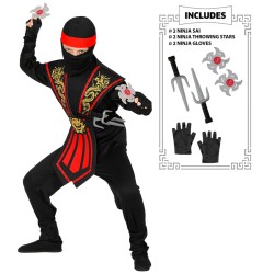 DEGUISEMENT ENFANT NINJA NOIR ET ROUGE AVEC ARMES SAI ET ETOILES TAILLE 158
