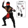 DEGUISEMENT ENFANT NINJA NOIR ET ROUGE AVEC ARMES SAI ET ETOILES TAILLE 158