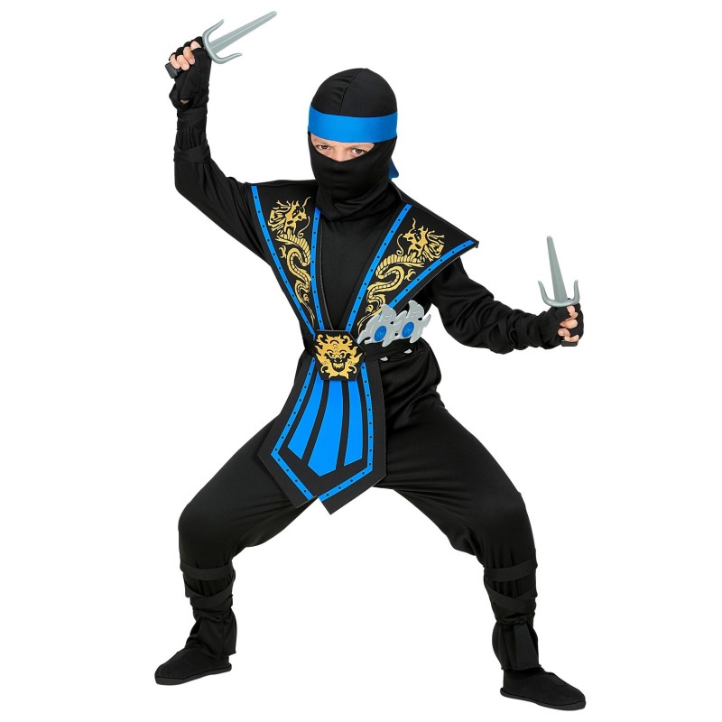DEGUISEMENT ENFANT NINJA NOIR ET BLEU AVEC ARMES SAI ET ETOILES TAILLE 128
