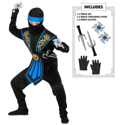 DEGUISEMENT ENFANT NINJA NOIR ET BLEU AVEC ARMES SAI ET ETOILES TAILLE 128