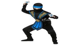 DEGUISEMENT ENFANT NINJA NOIR ET BLEU AVEC ARMES SAI ET ETOILES TAILLE 140