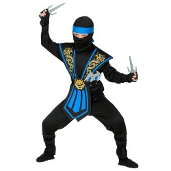 DEGUISEMENT ENFANT NINJA NOIR ET BLEU AVEC ARMES SAI ET ETOILES TAILLE 158
