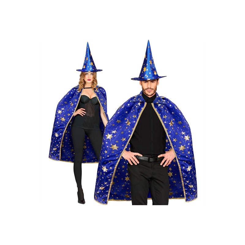 CAPE ET CHAPEAU MAGICIEN BLEU ETOILES OR ADULTE 85 CM