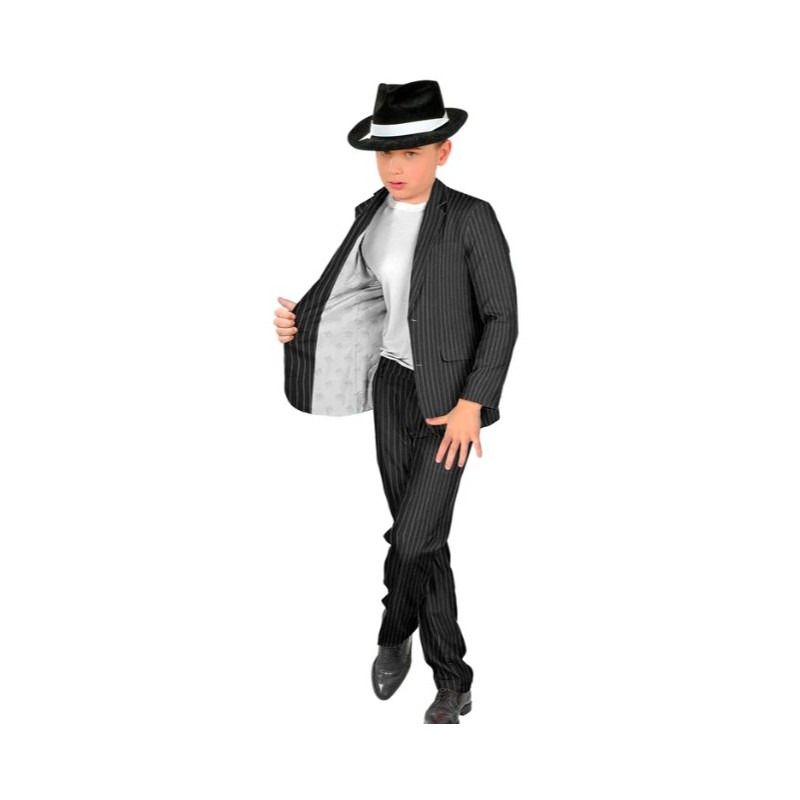 DEGUISEMENT ENFANT GANGSTER GARCON VESTE + PANTALON NOIR RAYE BLANC 128 CM
