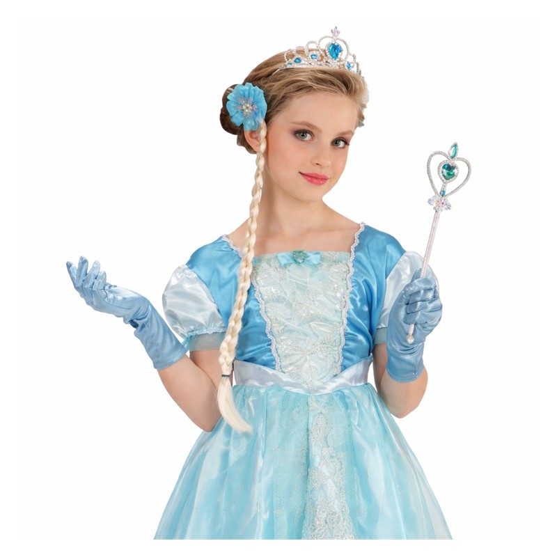 SET DE PRINCESSE DES NEIGES BLEUE GANTS, DIADEME, NATTE ET BAGUETTE