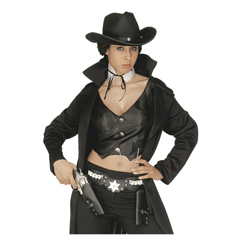 DOUBLE HOLSTER + CEINTURE WESTERN ADULTE NOIR ETOILE DE SHERIFF ARGENT