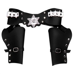 DOUBLE HOLSTER + CEINTURE WESTERN ADULTE NOIR ETOILE DE SHERIFF ARGENT