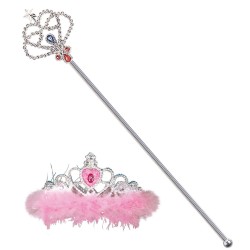 SET PRINCESSE COURONNE ET BAGUETTE ARGENT MARABOUT ROSE ET BIJOUX BELU ET ROSE