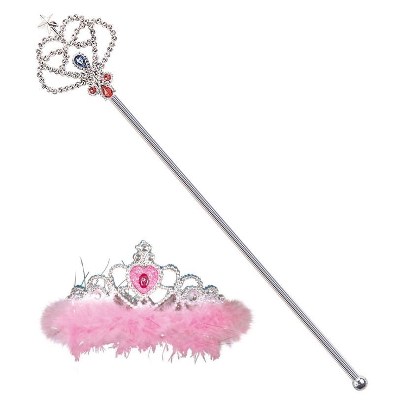 SET PRINCESSE COURONNE ET BAGUETTE ARGENT MARABOUT ROSE ET BIJOUX BELU ET ROSE