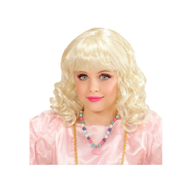 COLLIER DE PRINCESSE PERLES BLEUES ROSES ET VIOLETTES COEUR ROSE