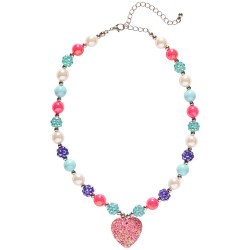 COLLIER DE PRINCESSE PERLES BLEUES ROSES ET VIOLETTES COEUR ROSE