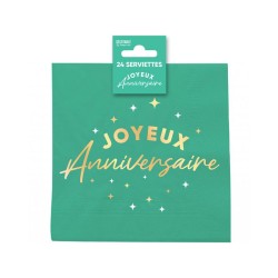 24 SERVIETTES JOYEUX ANNIVERSAIRE OR SUR FOND VERT MENTHE 33 X 33 CM