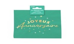 24 SERVIETTES JOYEUX ANNIVERSAIRE OR SUR FOND VERT MENTHE 33 X 33 CM