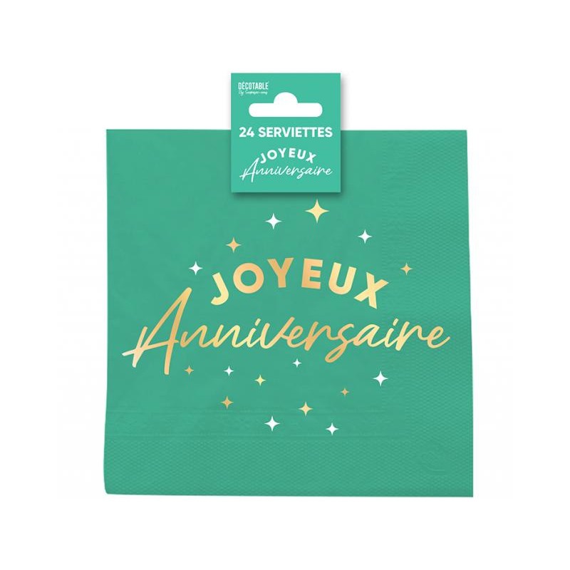 24 SERVIETTES JOYEUX ANNIVERSAIRE OR SUR FOND VERT MENTHE 33 X 33 CM