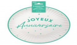 8 ASSIETTES JOYEUX ANNIVERSAIRE VERT MENTHE SUR FOND BLANC 18 CM