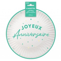 8 ASSIETTES JOYEUX ANNIVERSAIRE VERT MENTHE SUR FOND BLANC 18 CM