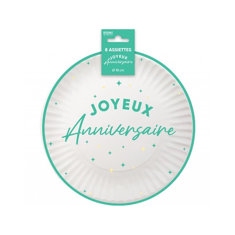 8 ASSIETTES JOYEUX ANNIVERSAIRE VERT MENTHE SUR FOND BLANC 18 CM
