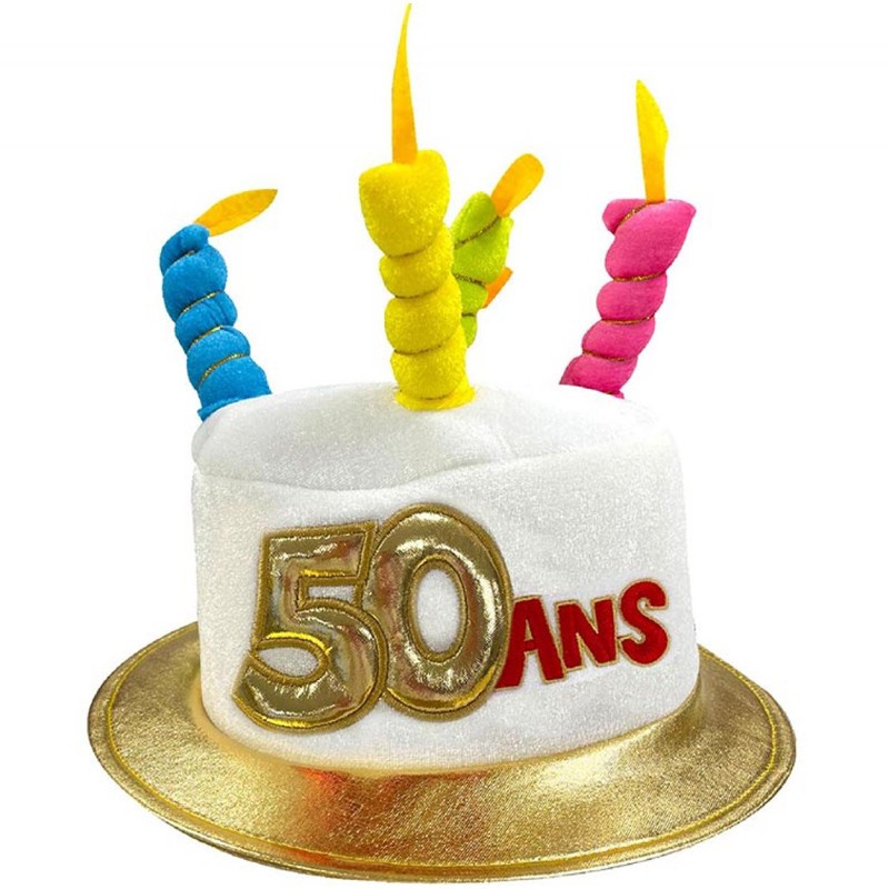 CHAPEAU GATEAU ANNIVERSAIRE 50 ANS AVEC BOUGIES MULTICOLORE