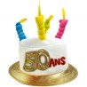CHAPEAU GATEAU ANNIVERSAIRE 50 ANS AVEC BOUGIES MULTICOLORE