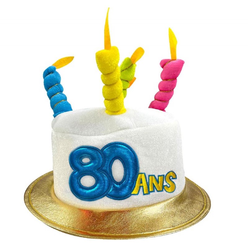 CHAPEAU GATEAU ANNIVERSAIRE AVEC BOUGIES 80 ANS MULTICOLORE