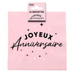 24 SERVIETTES JOYEUX ANNIVERSAIRE NOIR SUR FOND ROSE CLAIR 33 X 33 CM