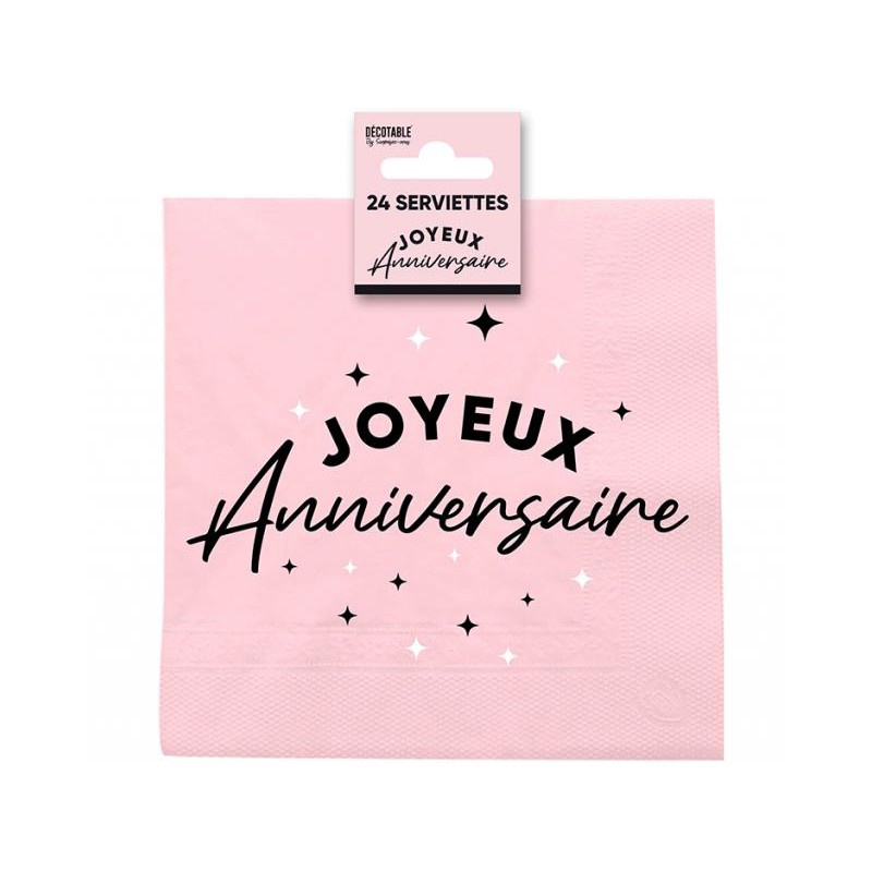 24 SERVIETTES JOYEUX ANNIVERSAIRE NOIR SUR FOND ROSE CLAIR 33 X 33 CM