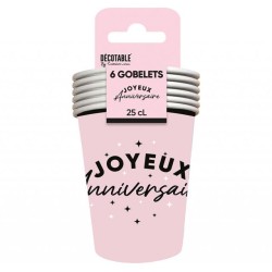 6 GOBELETS ROSE JOYEUX ANNIVERSAIRE EN NOIR 25 CL 