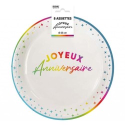 8 ASSIETTES BLANC JOYEUX ANNIVERSAIRE EN MULTICOLORE 18 CM 