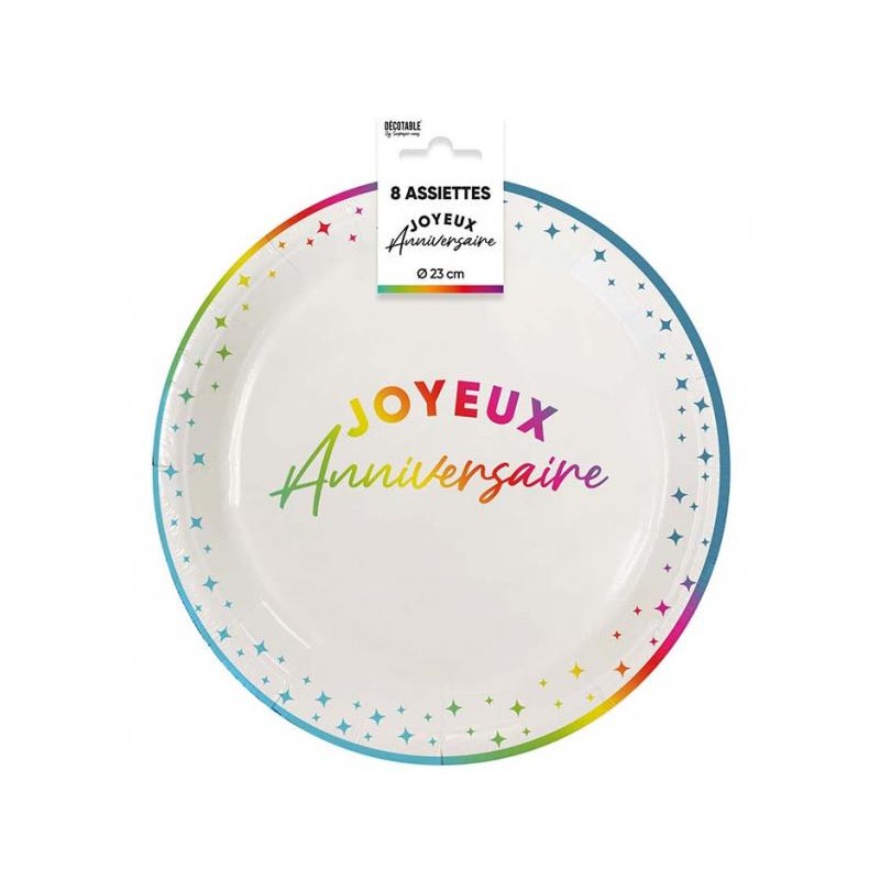 8 ASSIETTES BLANC JOYEUX ANNIVERSAIRE EN MULTICOLORE 18 CM 