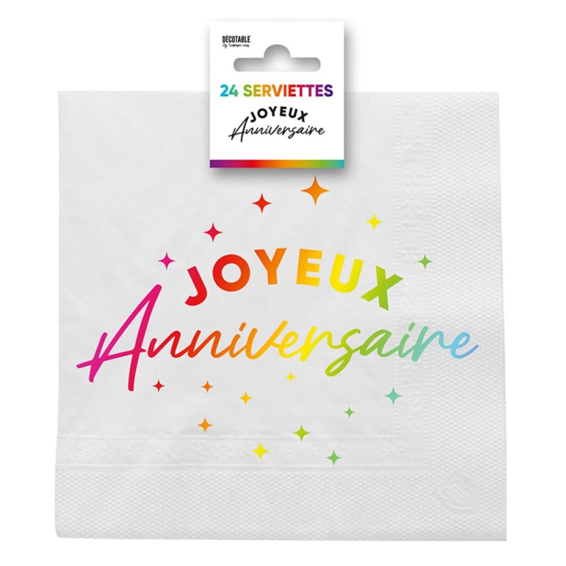 24 SERVIETTES JOYEUX ANNIVERSAIRE MULTICOLORE SUR FOND BLANC 33 X 33 CM