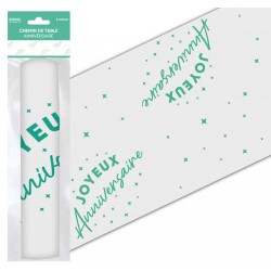 CHEMIN DE TABLE ORGANZA JOYEUX ANNIVERSAIRE 5 METRES VERT MENTHE